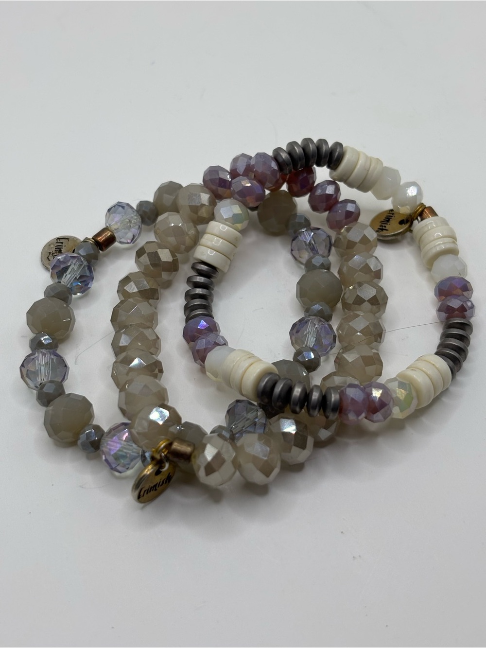 Ermish bracelet stack glass beads grey white purple